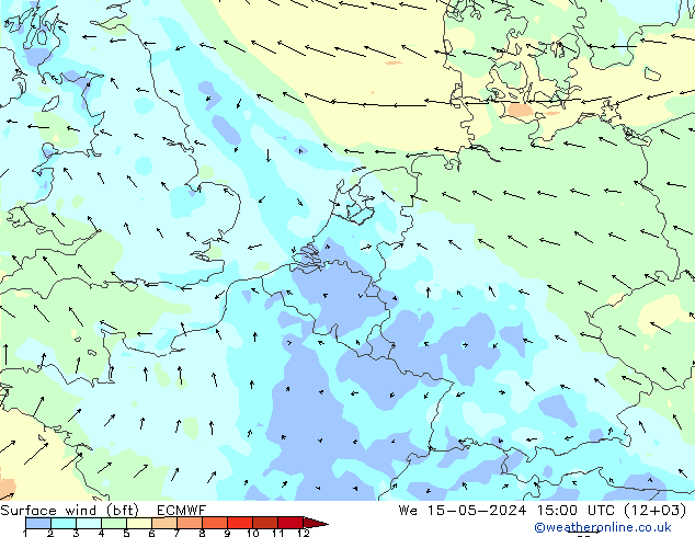 wiatr 10 m (bft) ECMWF śro. 15.05.2024 15 UTC