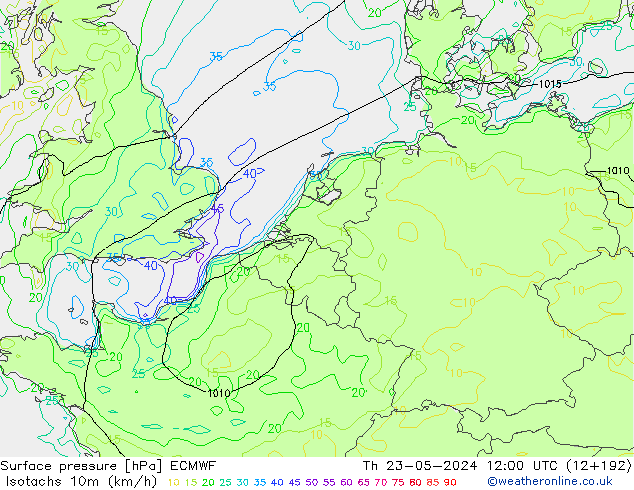 Isotachen (km/h) ECMWF Do 23.05.2024 12 UTC