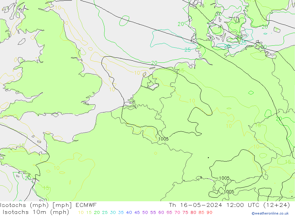 Isotachs (mph) ECMWF Th 16.05.2024 12 UTC