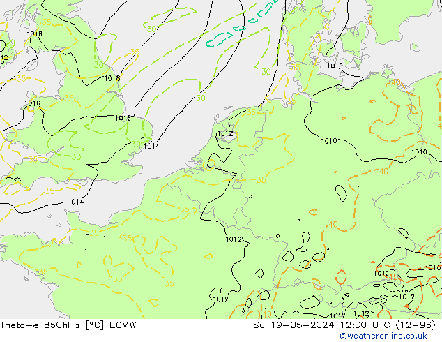 Theta-e 850hPa ECMWF Su 19.05.2024 12 UTC