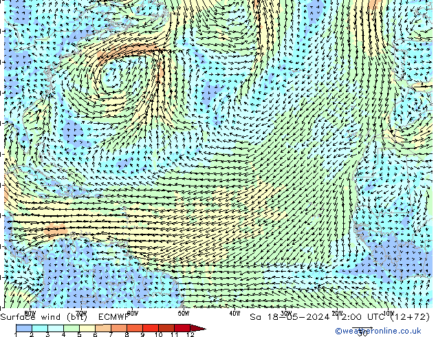 ве�Bе�@ 10 m (bft) ECMWF сб 18.05.2024 12 UTC