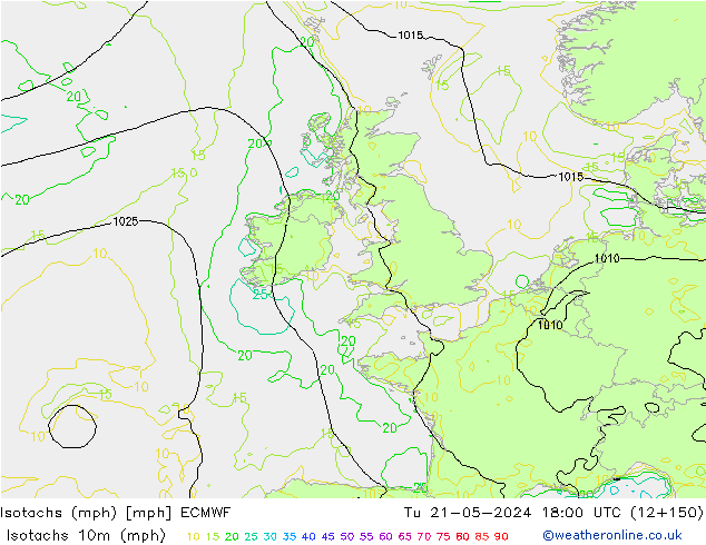 Isotachs (mph) ECMWF Tu 21.05.2024 18 UTC