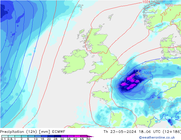 Totale neerslag (12h) ECMWF do 23.05.2024 06 UTC