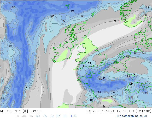 RH 700 hPa ECMWF Th 23.05.2024 12 UTC