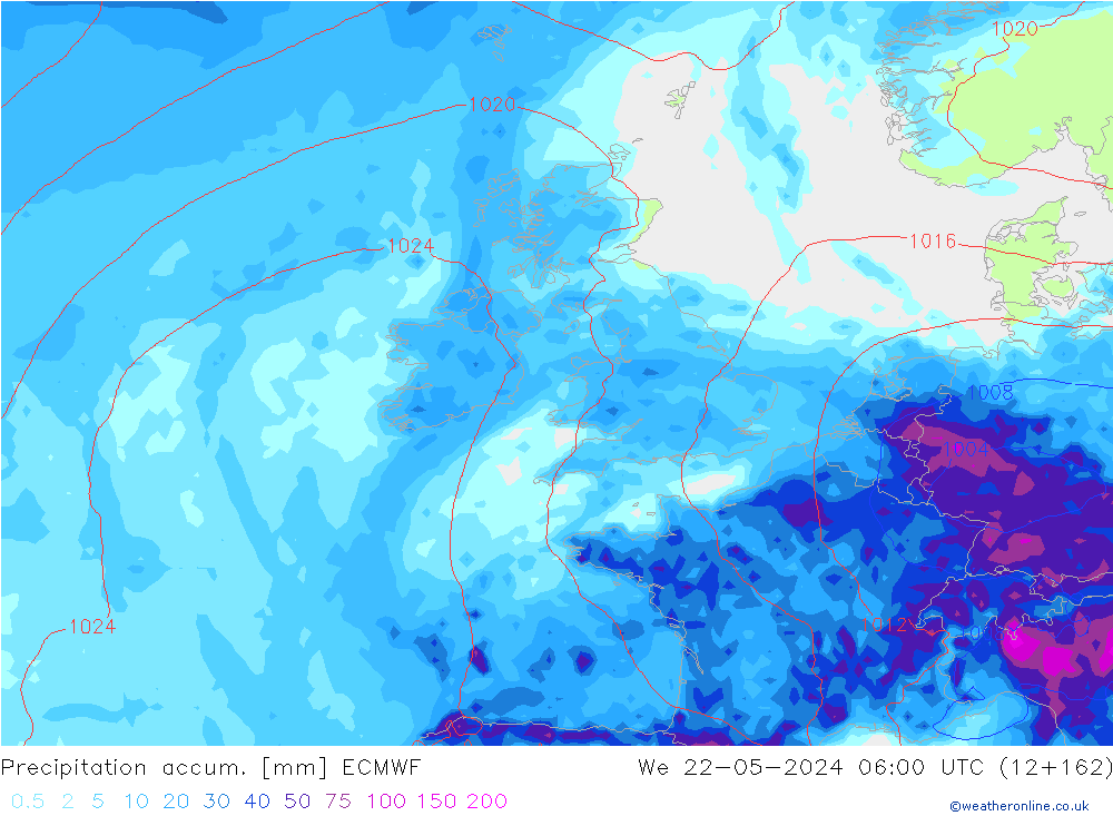 Precipitation accum. ECMWF Qua 22.05.2024 06 UTC