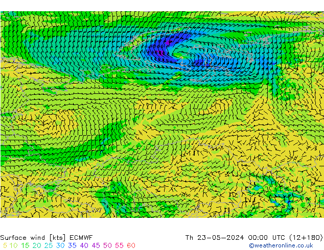 Surface wind ECMWF Čt 23.05.2024 00 UTC