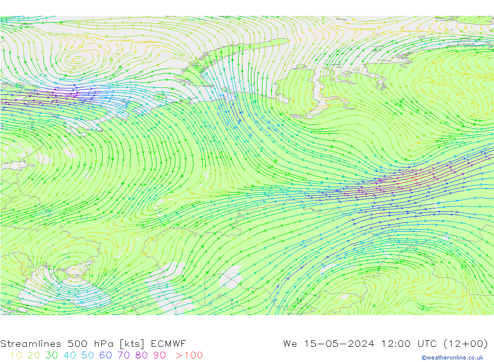 Linha de corrente 500 hPa ECMWF Qua 15.05.2024 12 UTC