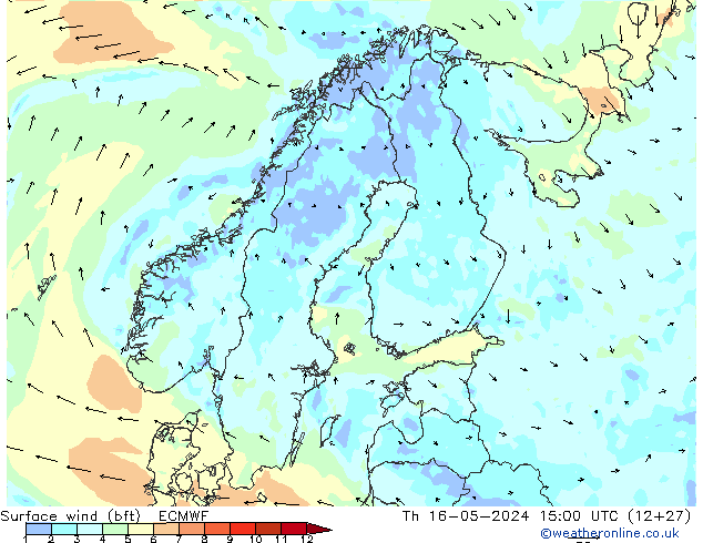 Vento 10 m (bft) ECMWF Qui 16.05.2024 15 UTC