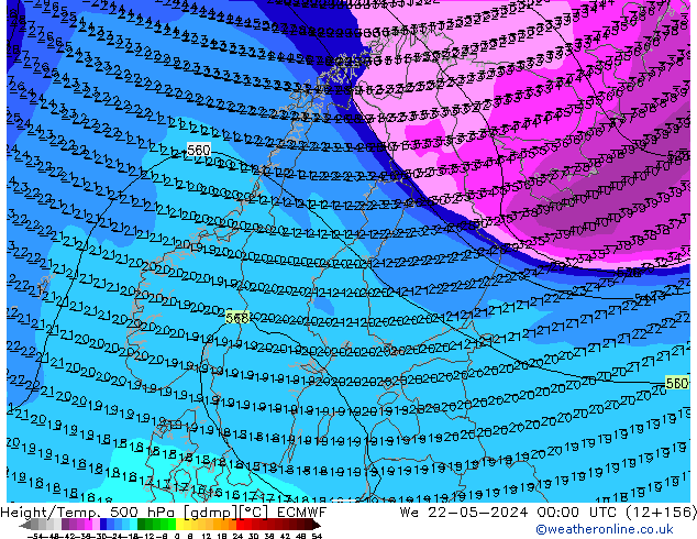 Z500/Regen(+SLP)/Z850 ECMWF wo 22.05.2024 00 UTC