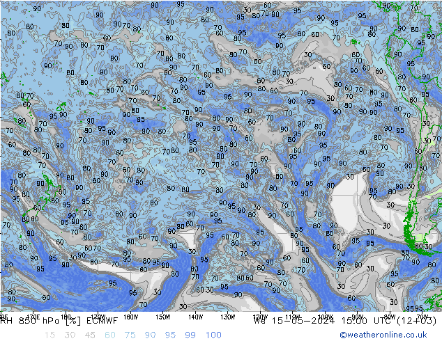 Humidité rel. 850 hPa ECMWF mer 15.05.2024 15 UTC