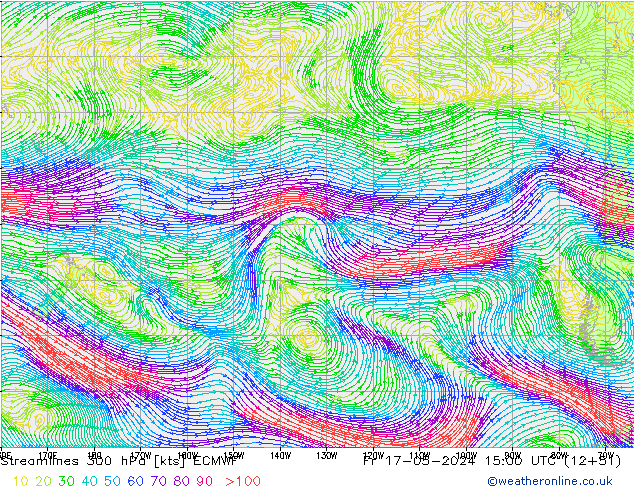 Linia prądu 300 hPa ECMWF pt. 17.05.2024 15 UTC
