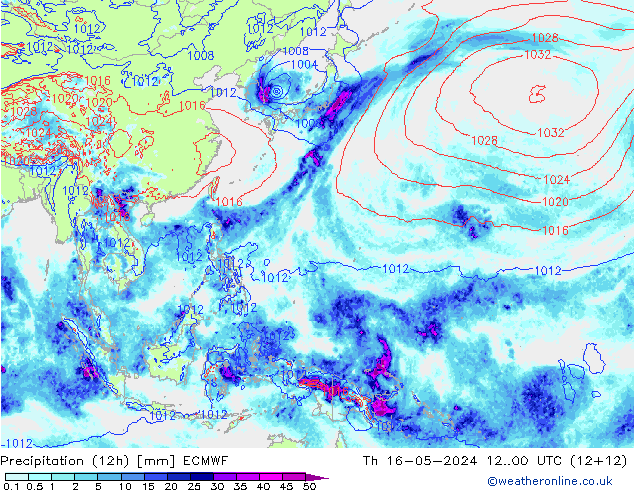 Precipitation (12h) ECMWF Čt 16.05.2024 00 UTC