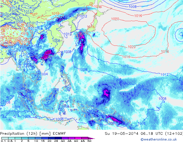 Totale neerslag (12h) ECMWF zo 19.05.2024 18 UTC