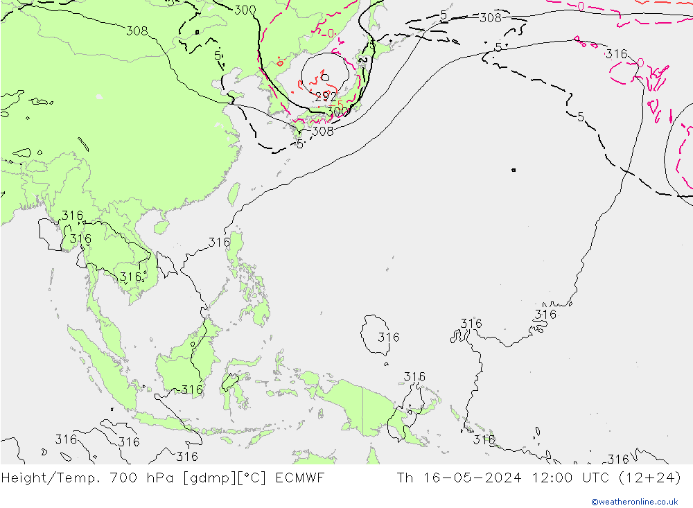 Height/Temp. 700 hPa ECMWF gio 16.05.2024 12 UTC