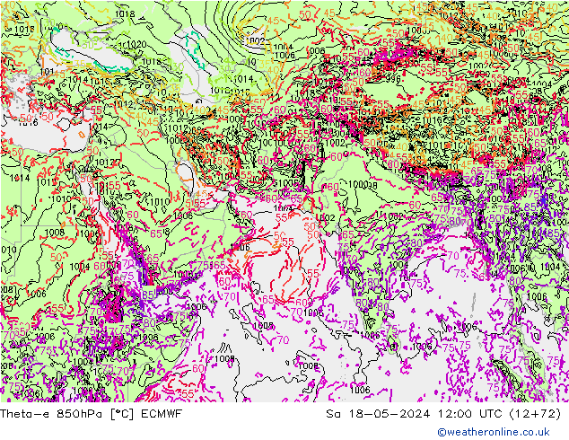 Theta-e 850hPa ECMWF So 18.05.2024 12 UTC