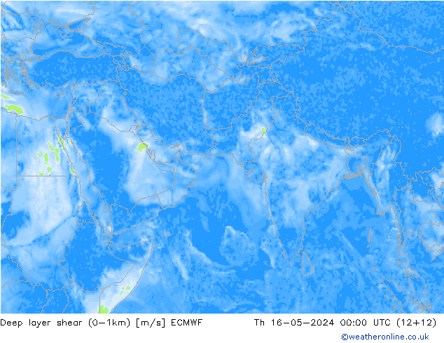 Deep layer shear (0-1km) ECMWF 星期四 16.05.2024 00 UTC