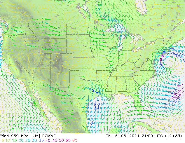 Wind 950 hPa ECMWF Čt 16.05.2024 21 UTC