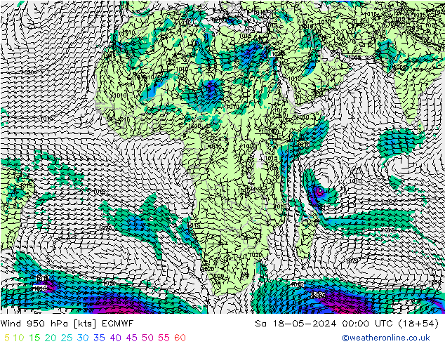 Rüzgar 950 hPa ECMWF Cts 18.05.2024 00 UTC