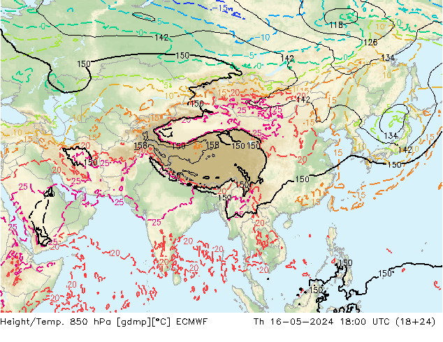 Height/Temp. 850 hPa ECMWF Čt 16.05.2024 18 UTC