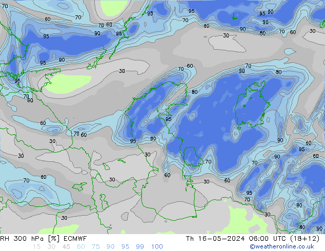 Humidité rel. 300 hPa ECMWF jeu 16.05.2024 06 UTC