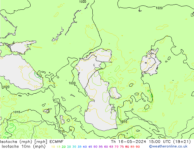 Isotachs (mph) ECMWF Čt 16.05.2024 15 UTC