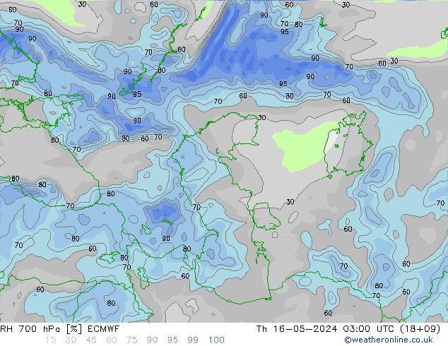 RH 700 гПа ECMWF чт 16.05.2024 03 UTC