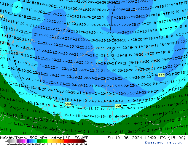 Height/Temp. 500 hPa ECMWF So 19.05.2024 12 UTC