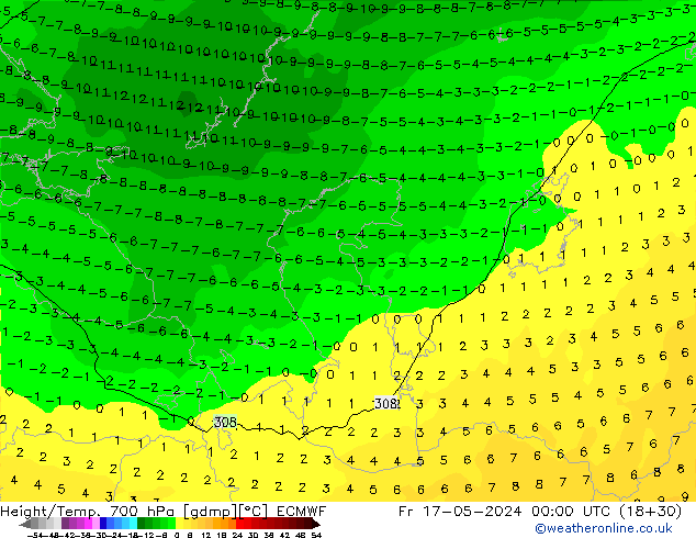 Hoogte/Temp. 700 hPa ECMWF vr 17.05.2024 00 UTC