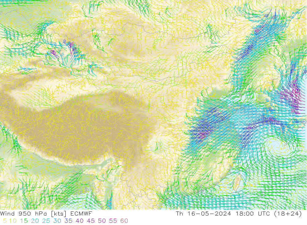 风 950 hPa ECMWF 星期四 16.05.2024 18 UTC