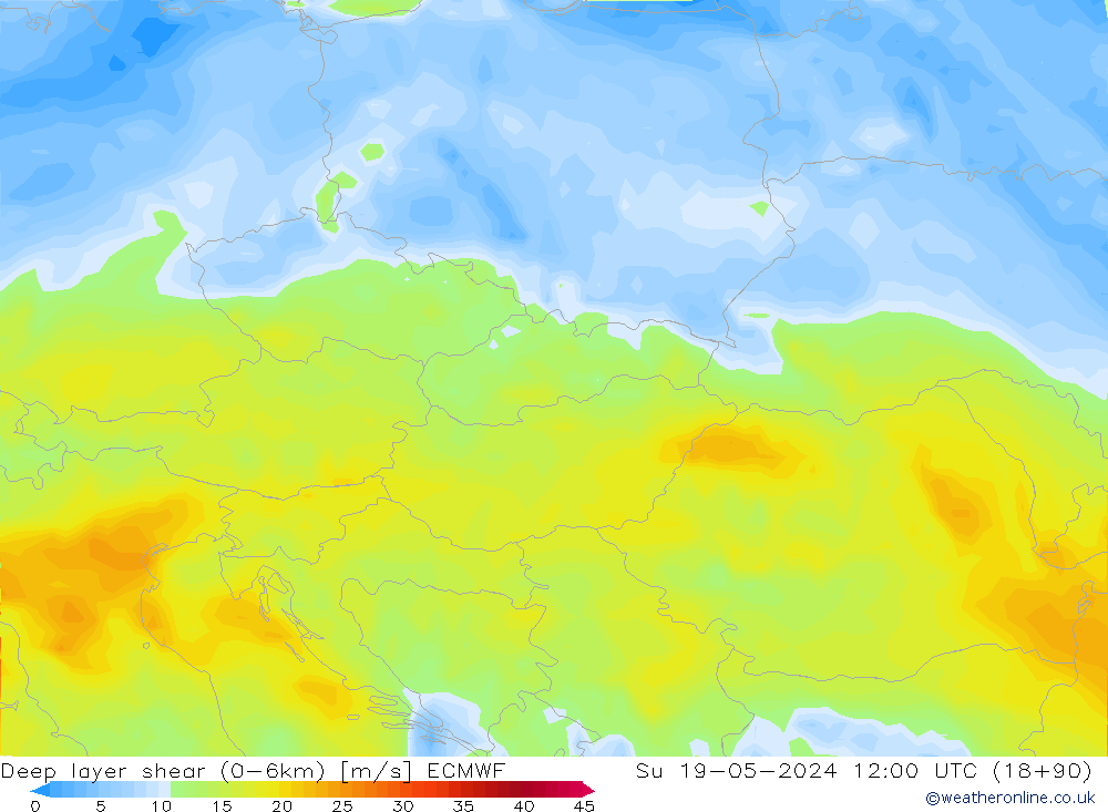 Deep layer shear (0-6km) ECMWF dim 19.05.2024 12 UTC