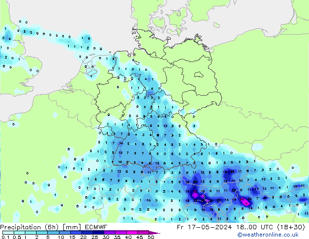 Precipitation (6h) ECMWF Pá 17.05.2024 00 UTC