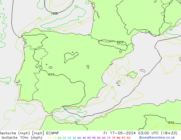 Isotachs (mph) ECMWF ven 17.05.2024 03 UTC