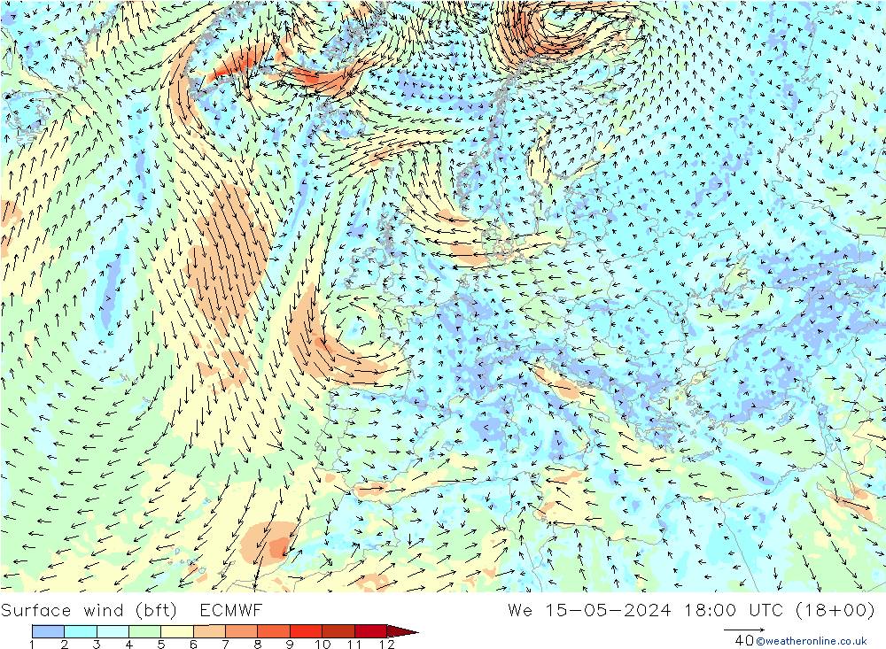 wiatr 10 m (bft) ECMWF śro. 15.05.2024 18 UTC