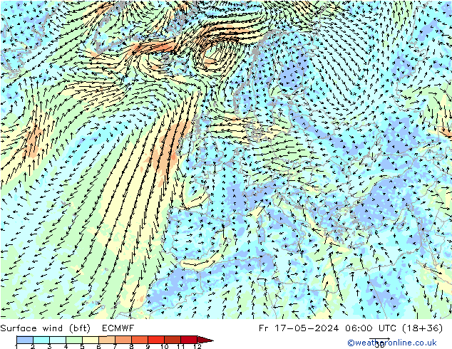 Surface wind (bft) ECMWF Fr 17.05.2024 06 UTC