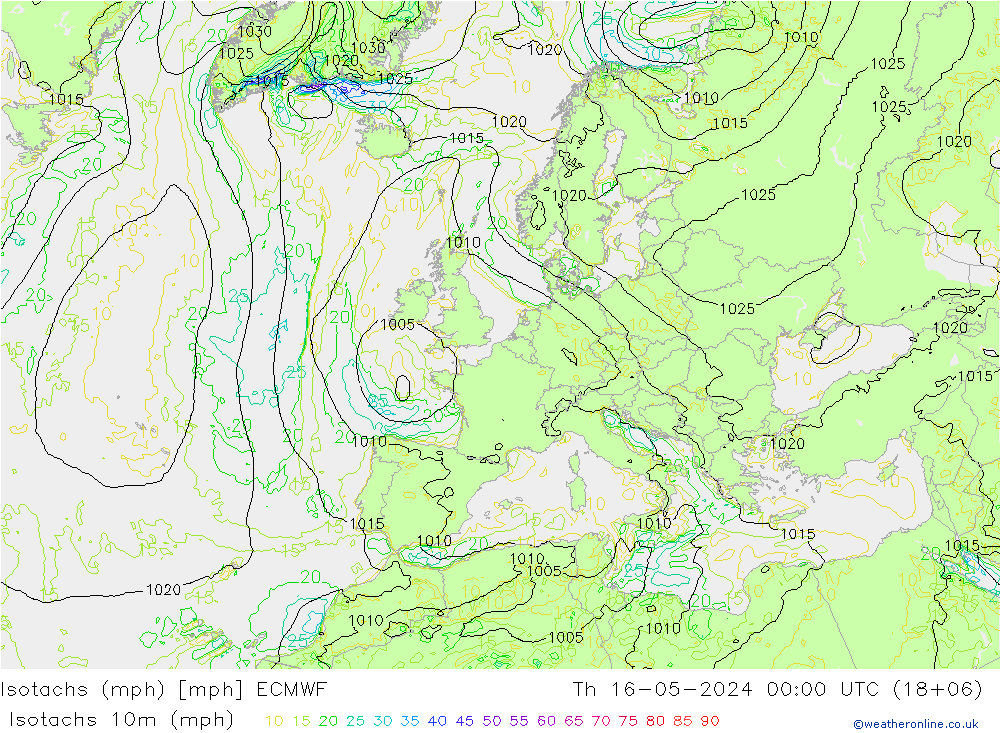Isotachen (mph) ECMWF do 16.05.2024 00 UTC