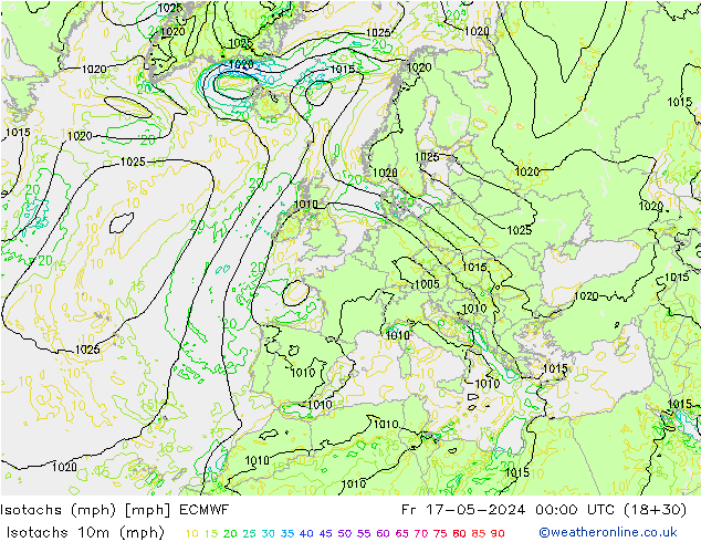 Isotachs (mph) ECMWF ven 17.05.2024 00 UTC