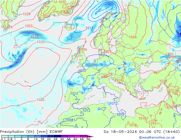 Prec 6h/Wind 10m/950 ECMWF сб 18.05.2024 06 UTC