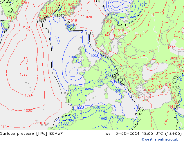 Pressione al suolo ECMWF mer 15.05.2024 18 UTC