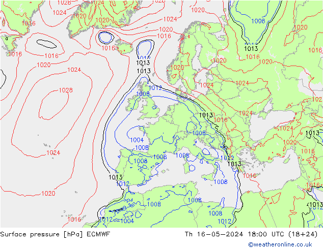 Presión superficial ECMWF jue 16.05.2024 18 UTC