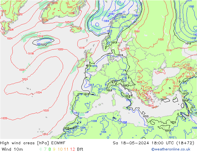 High wind areas ECMWF Sa 18.05.2024 18 UTC