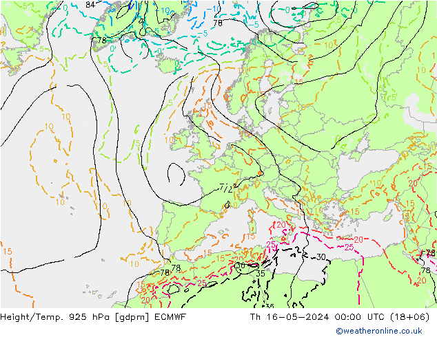 Geop./Temp. 925 hPa ECMWF jue 16.05.2024 00 UTC