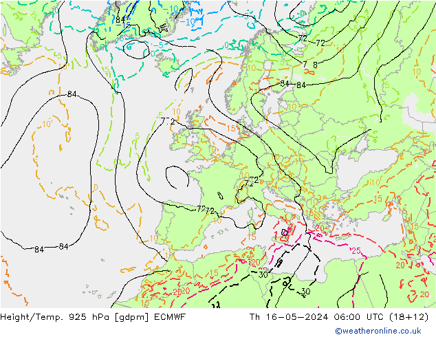 Geop./Temp. 925 hPa ECMWF jue 16.05.2024 06 UTC