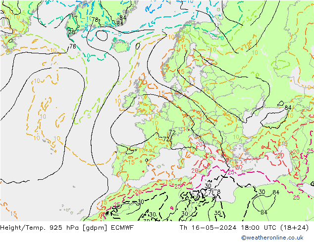 Hoogte/Temp. 925 hPa ECMWF do 16.05.2024 18 UTC