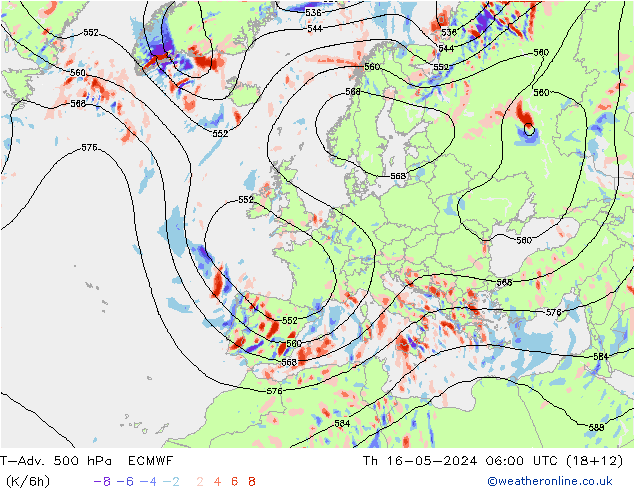 T-Adv. 500 hPa ECMWF czw. 16.05.2024 06 UTC