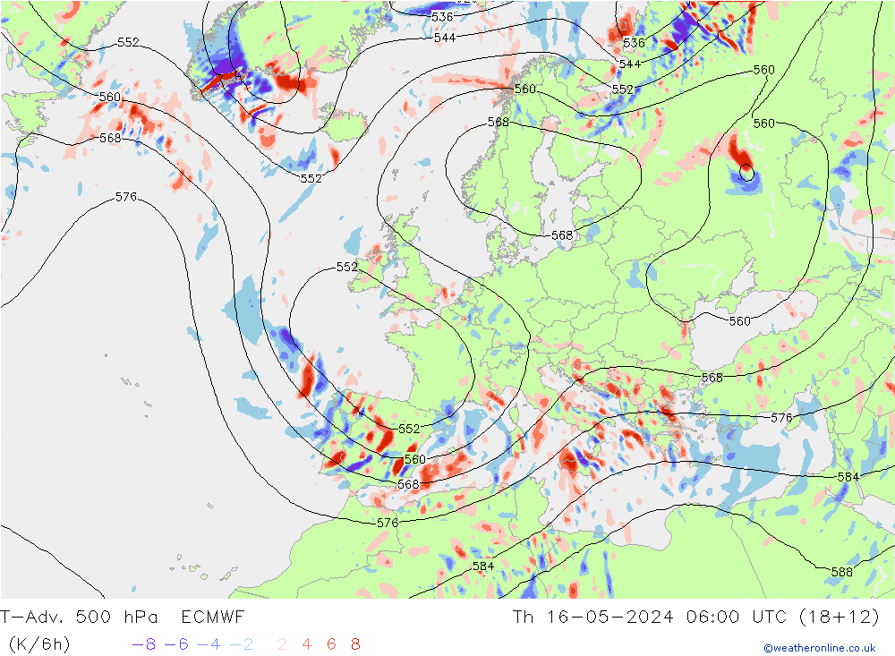 T-Adv. 500 hPa ECMWF Čt 16.05.2024 06 UTC