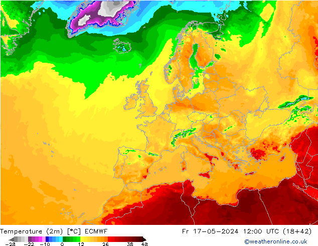 Temperatuurkaart (2m) ECMWF vr 17.05.2024 12 UTC