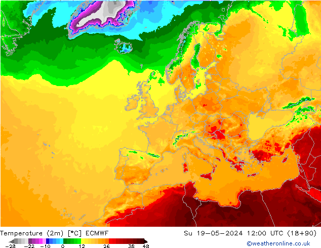 Temperatuurkaart (2m) ECMWF zo 19.05.2024 12 UTC