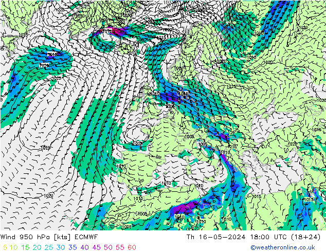 Wind 950 hPa ECMWF Th 16.05.2024 18 UTC