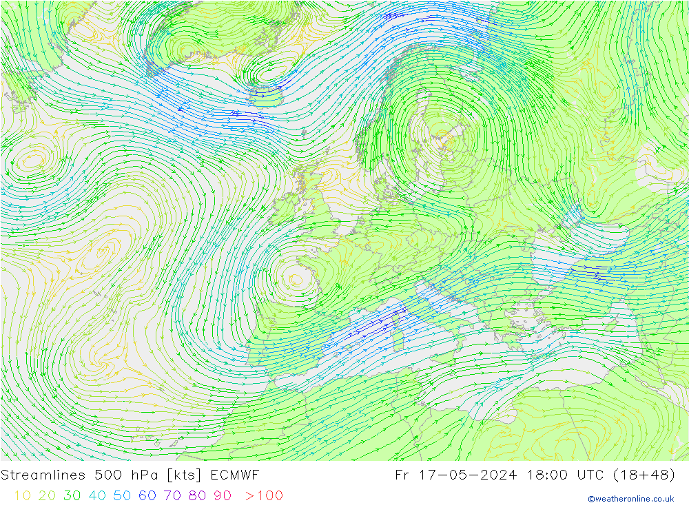 Rüzgar 500 hPa ECMWF Cu 17.05.2024 18 UTC