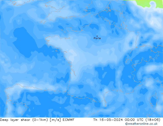 Deep layer shear (0-1km) ECMWF gio 16.05.2024 00 UTC